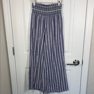 Rewash wide leg blue striped linen blend pants size small